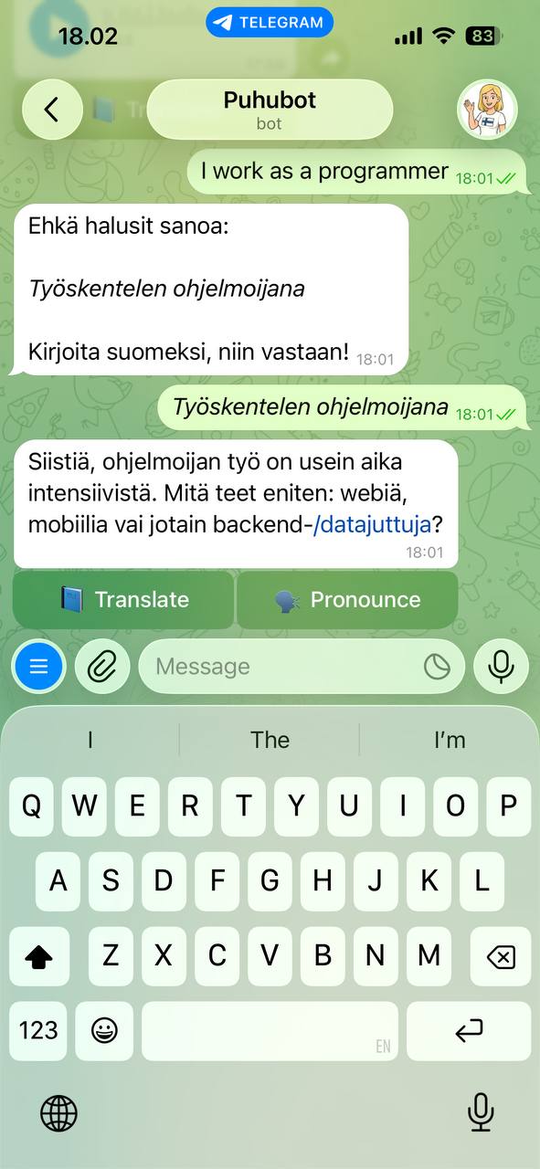 Start learning Finnish from zero — Puhubot replies even if you write in English