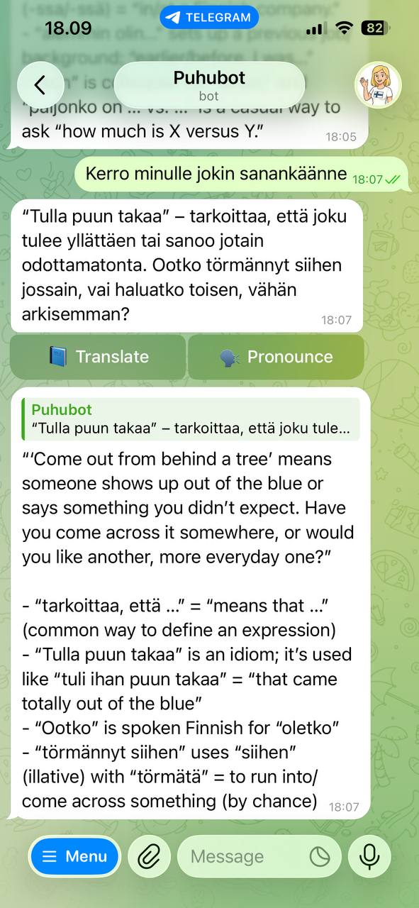 Instant Finnish-to-English translation feature in Puhubot
