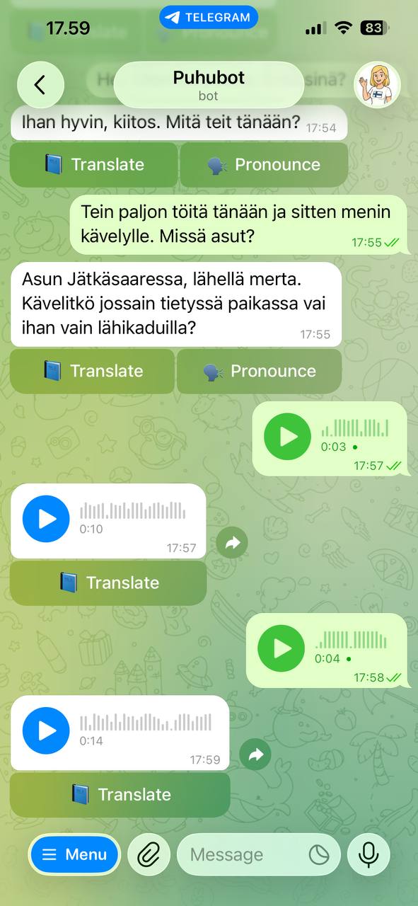 Voice message interface in Puhubot — practice Finnish pronunciation by speaking